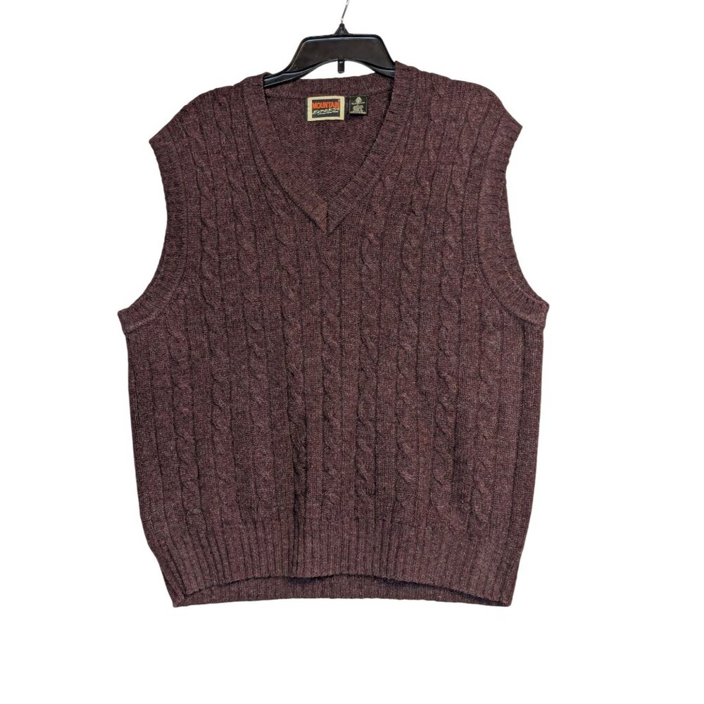 Vintage Mountain Express Mens Wool Cable Knit Sleeveless Sweater Vest Burgundy V